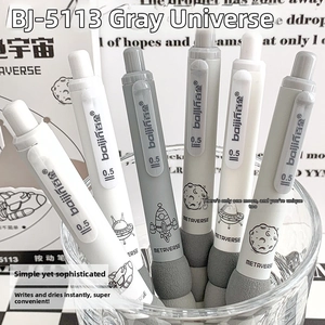 Close-up of 0.5mm retractable pens with soft grip and space themed cosmic illustrations