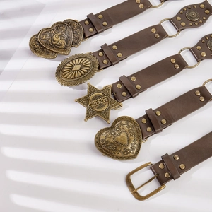 Vintage Women Waist Belt PU Leather Bohemian Western Cowboy Sheriff Star Antique Bronze Buckle Rivet Decorative