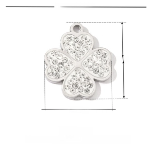 Detailed view of silver stainless steel four leaf clover pendant with dimensions 14x12mm