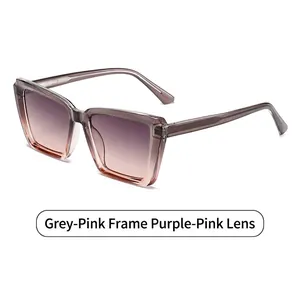 Fashionable square oversized sunglasses with grey-pink frames and purple gradient lenses