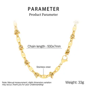 Vue détaillée du collier nœud en acier titane doré 500mm avec dimensions et poids