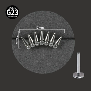 Detailed size view of G23 titanium labret stud with zircon crown and chain pendant