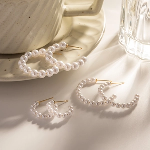 C-Shape Hoop Earrings Stainless Steel Faux Artificial Pearl Geometric Minimalist Ins Style Elegant Jewelry For Women Girls