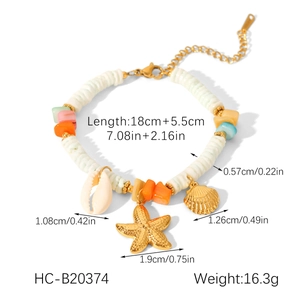Detailed view of beaded beach bracelet with starfish shell charms and dimensions