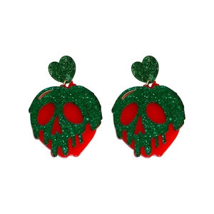 Halloween heart skull poison apple earrings with green glitter and bold red acrylic finish