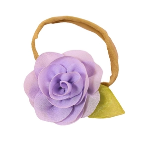 Nylon baby headband featuring a purple chiffon rose with green leaves on brown elastic
