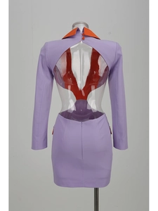 Close-up of sexy back cutout design and orange contrast collar on purple mini dress