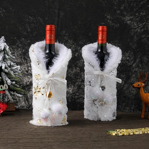 Christmas Wine Bottle Covers White Plush Faux Fur Gold Silver Snowflake Pattern Ribbon Bow Festive Party Table Decor