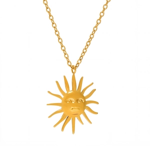 18K gold plated sun pendant necklace with personified face and radiant rays in titanium steel