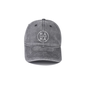 Vintage washed grey baseball cap featuring white MAMA embroidery on denim fabric