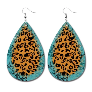 Close-up of teardrop PU leather earrings with teal leopard print and realistic texture