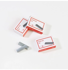 Detailed view of silver 6/4 staples in small boxes with sharp 4mm rust-proof metal pins