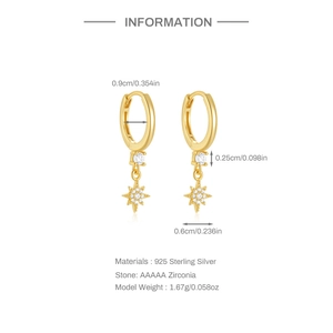 Détail de créoles étoile en argent 925 doré avec zircone AAAAA et dimensions précises