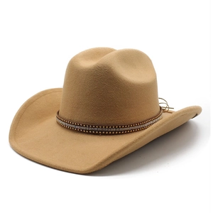 Western Cowboy Hat Wool Felt Wide Brim Ethnic Style With Rhinestone Rivet Belt For Men Women Retro Outdoor