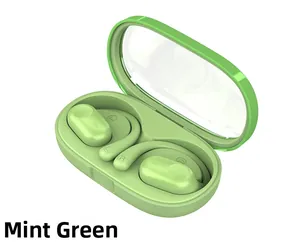 Detail view of matcha green open-ear wireless headphones and translucent charging case