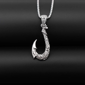 Vintage silver fish hook pendant necklace with detailed swirl engraving for men