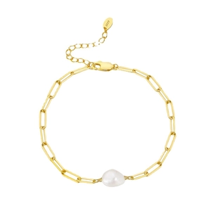 S925 sterling silver paperclip chain bracelet featuring a baroque freshwater pearl