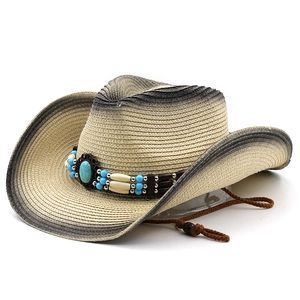 Western gradient straw sun hat with bohemian turquoise band and adjustable wind cord
