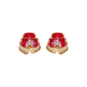 Vintage French style red flower earrings with pearl and crystal accents on white background