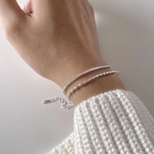 Double Layer 925 Sterling Silver Bracelet Shimmering Chain Oval Bead Adjustable Minimalist Jewelry For Women