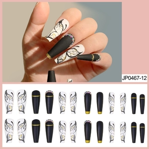 Faux Ongles Long Coffin Press On Noir Mat Motif Papillon Strass Accessoires De Manucure Artistique