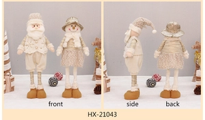 Front, side, and back views of plush Santa and Snowman Christmas figurines in champagne gold