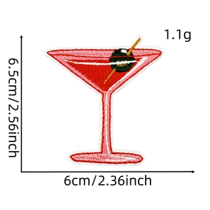 Macro shot of martini glass embroidery patch with precise dimension and weight details