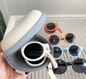 Foldable round kids sunglasses in macaron colors with a portable zippered hard shell case