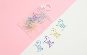 Close-up of colorful horse-shaped paper clips in a transparent PVC zipper storage bag
