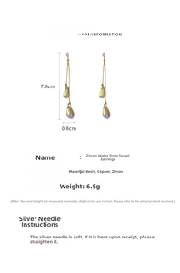 Detailed size specifications for zircon water drop tassel earrings with silver needle post