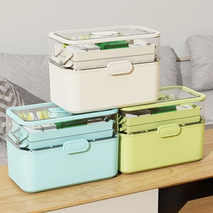 Three-tier stackable home medical organizer box with transparent lid in multiple colors