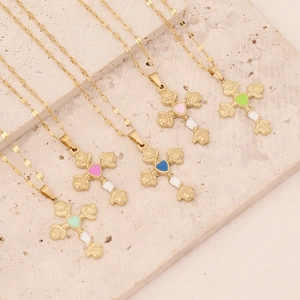 Golden stainless steel cross necklaces with rose accents and colorful heart enamel pendants