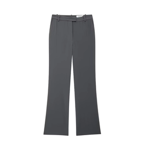 Detailed view of dark grey high-waist flare suit pants with belt loops and clean stitching