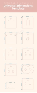 General dimensions for custom jewelry display cards including square and cloud shapes