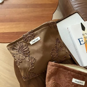 Vintage caramel faux suede makeup bag set with premium 3D floral embroidery and simple wish label