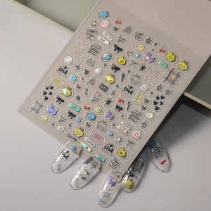 3D embossed nail stickers featuring cat and bow designs in soft macaron colors