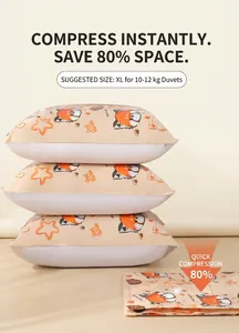 Stack of vacuum compression storage bags with red panda print next to a flat compressed one