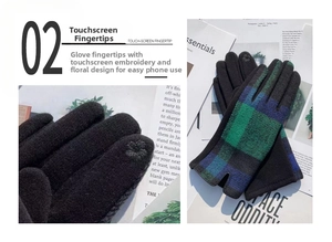 Detailed view of winter touch screen gloves with flower embroidery for smartphone use