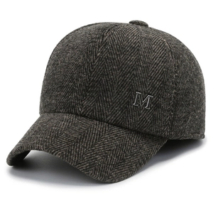Men winter wool baseball cap with ear flaps featuring brown herringbone pattern and M logo