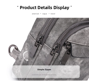 Close-up of industrial gray textured fabric bag with three premium dark gray metal zippers