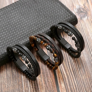 Men Multi Layer Leather Bracelet Natural Stone Tiger Eye Beads Stainless Steel Skull Punk Gothic Magnetic Clasp Jewelry