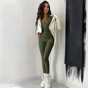 Slim fit army green zip-up jumpsuit with high elastic fabric and long sleeves for women