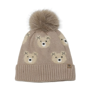 Beige Strickmütze für Kinder mit Bärenmuster und großem Kunstfell-Pompon-Aufsatz