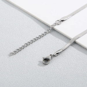 Detailed macro view of silver snake chain necklace featuring lobster clasp and extension link