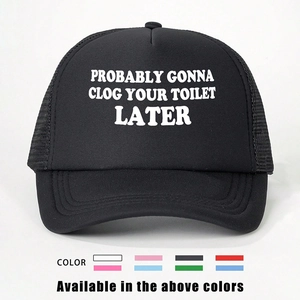 Detail of black mesh trucker hat featuring funny white text print on the front crown