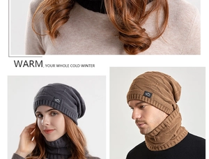 Détail de l'ensemble bonnet et cache-col en tricot avec doublure polaire épaisse ondulée