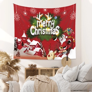 Detail of red Merry Christmas wall tapestry with Santa and reindeer in a bedroom