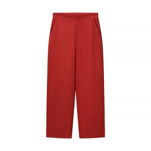 Pantalon rouge à taille haute et jambe large avec poches latérales et coupe fluide