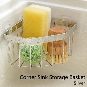 Triangle stainless steel sink sponge holder with adhesive wall mount for kitchen storage