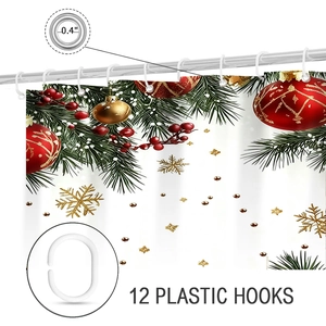 Detail view of reinforced 0.4 inch metal grommets and 12 white plastic shower curtain hooks